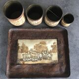 Old OFFICE kit Brass and LEATHER, 1 Tray with 4 Pots decoration HUNTING to RUN