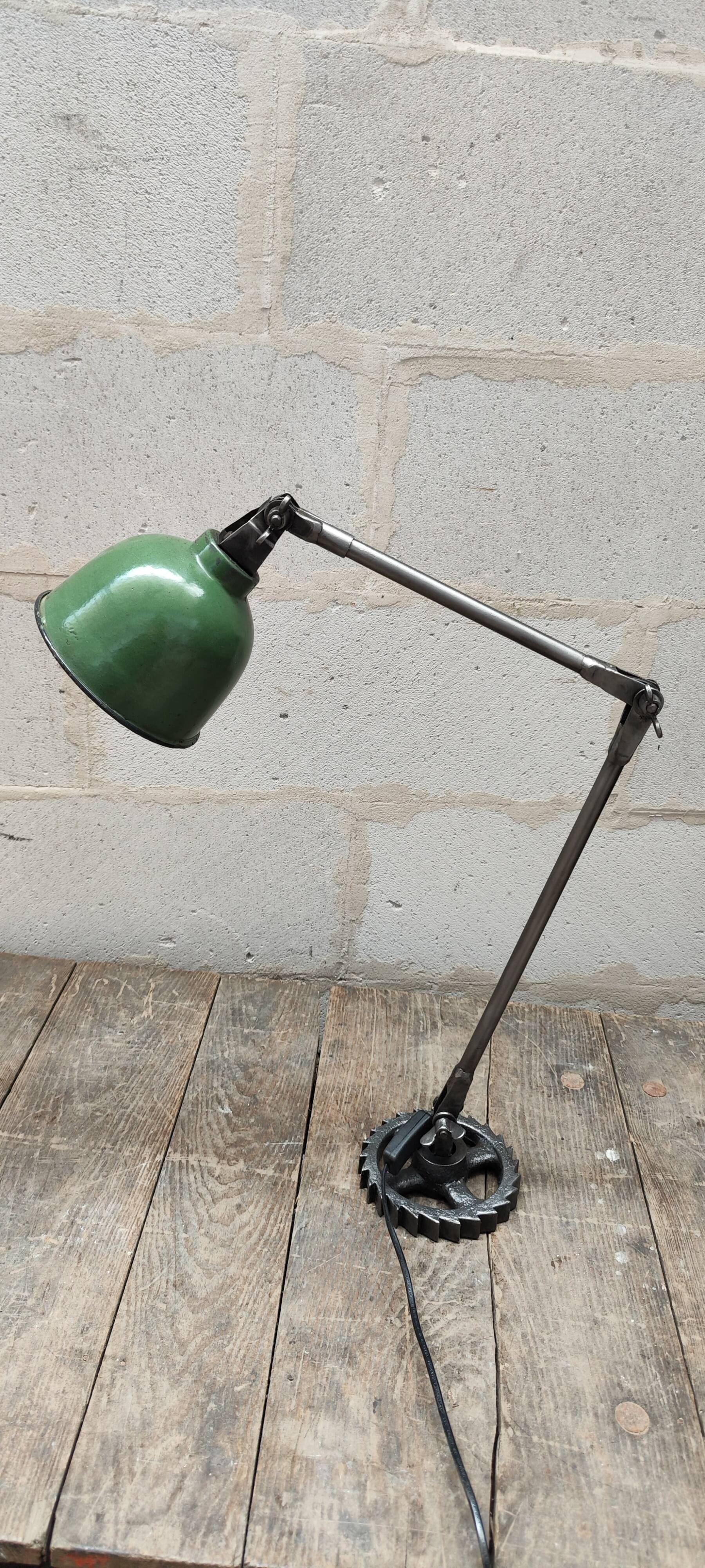 Old industrial workshop lamp two arms green enamel globe