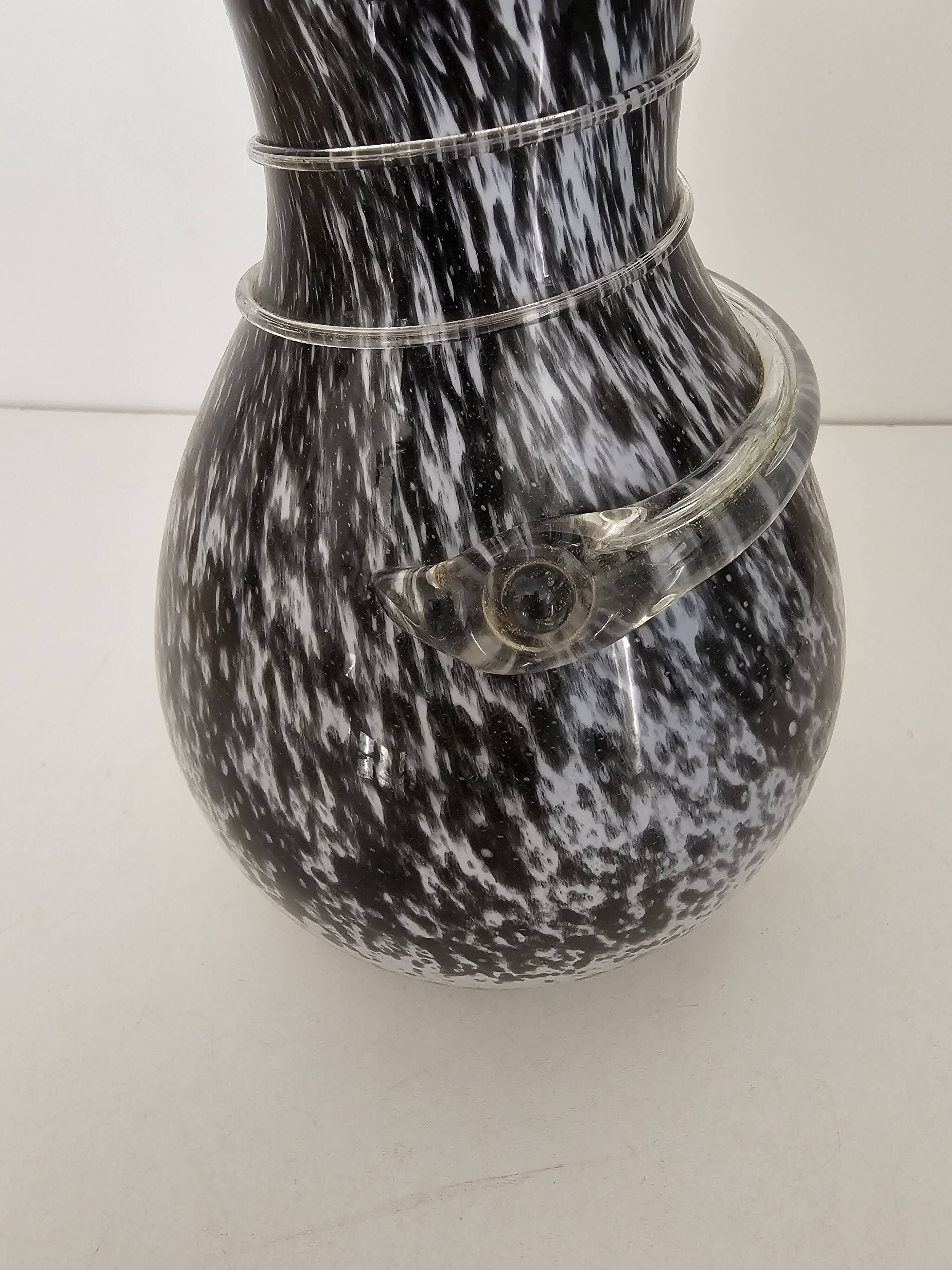 Blown glass vase with black snake decoration with white speckles