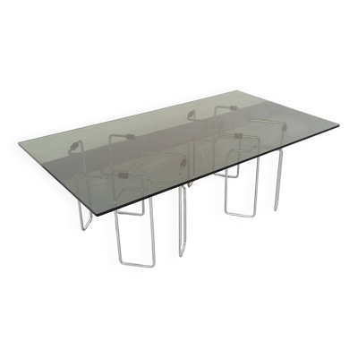 Table basse rectangulaire Space Age vintage en verre fumé et métal chromé