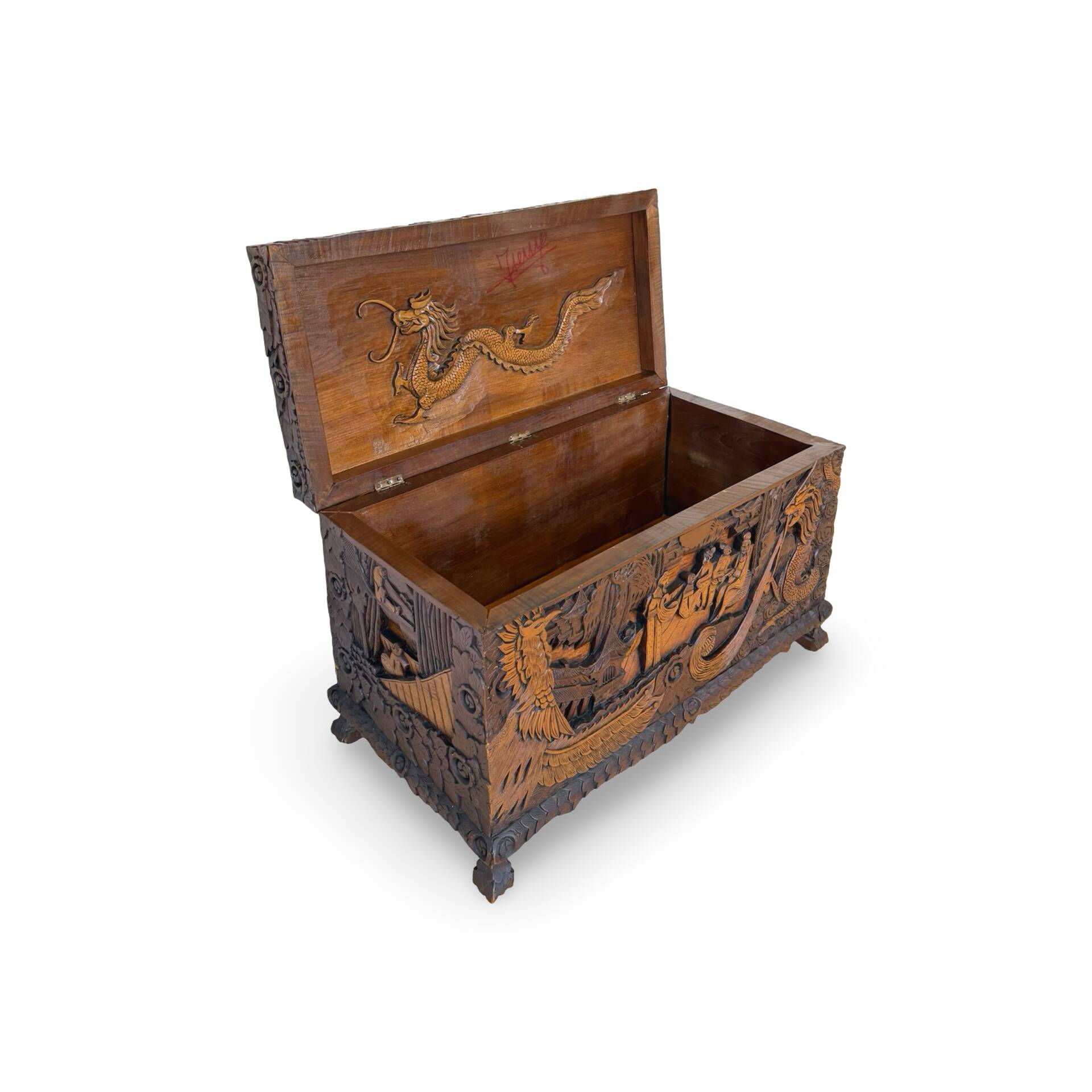 Antique Chinese Carved Export Chest – Dragon, Phoenix & Landscape Deco