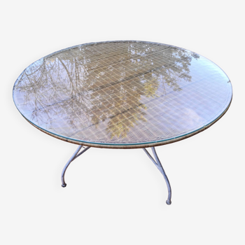 Table à manger plateau en rotin et verre & pieds métal