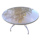 Dining table rattan and glass top & vintage metal legs