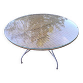 Dining table rattan and glass top & vintage metal legs