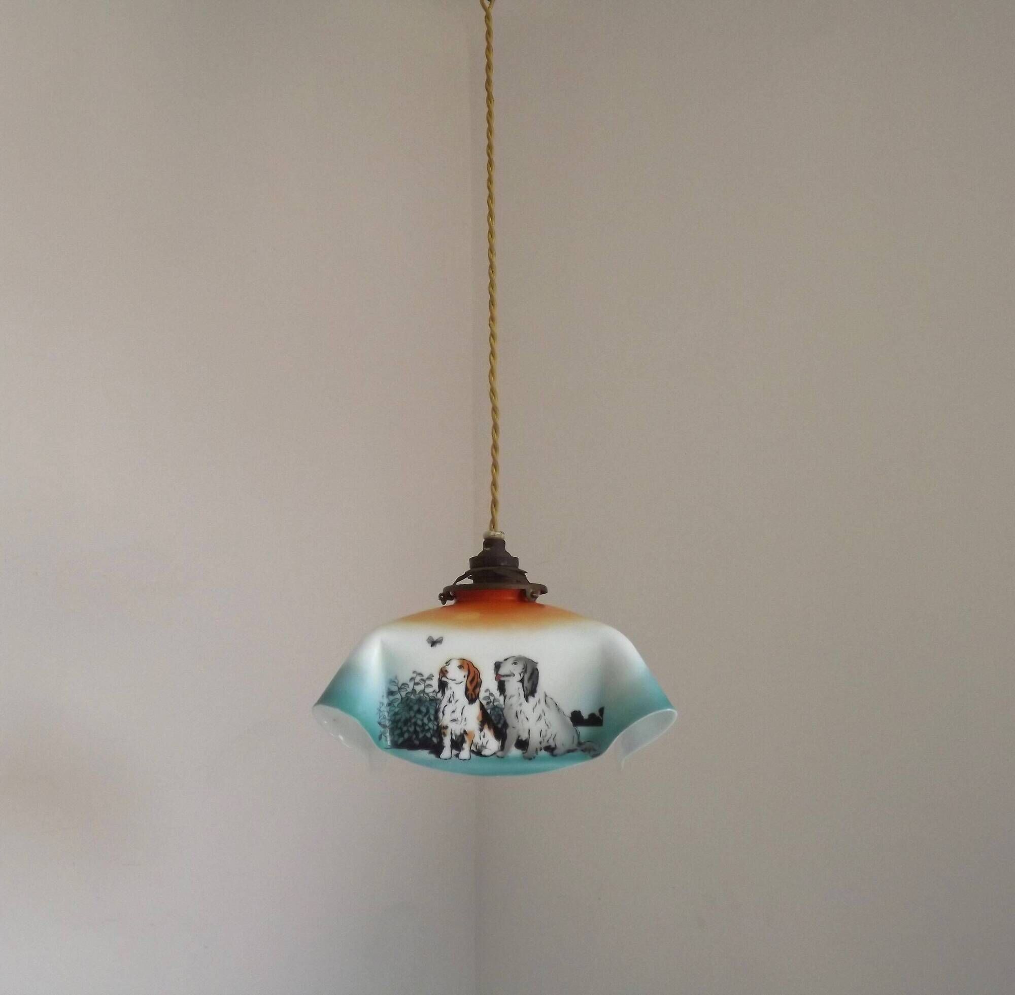 Rare French Art Deco Pendant Light | Illustrated Dog Countryside Shade