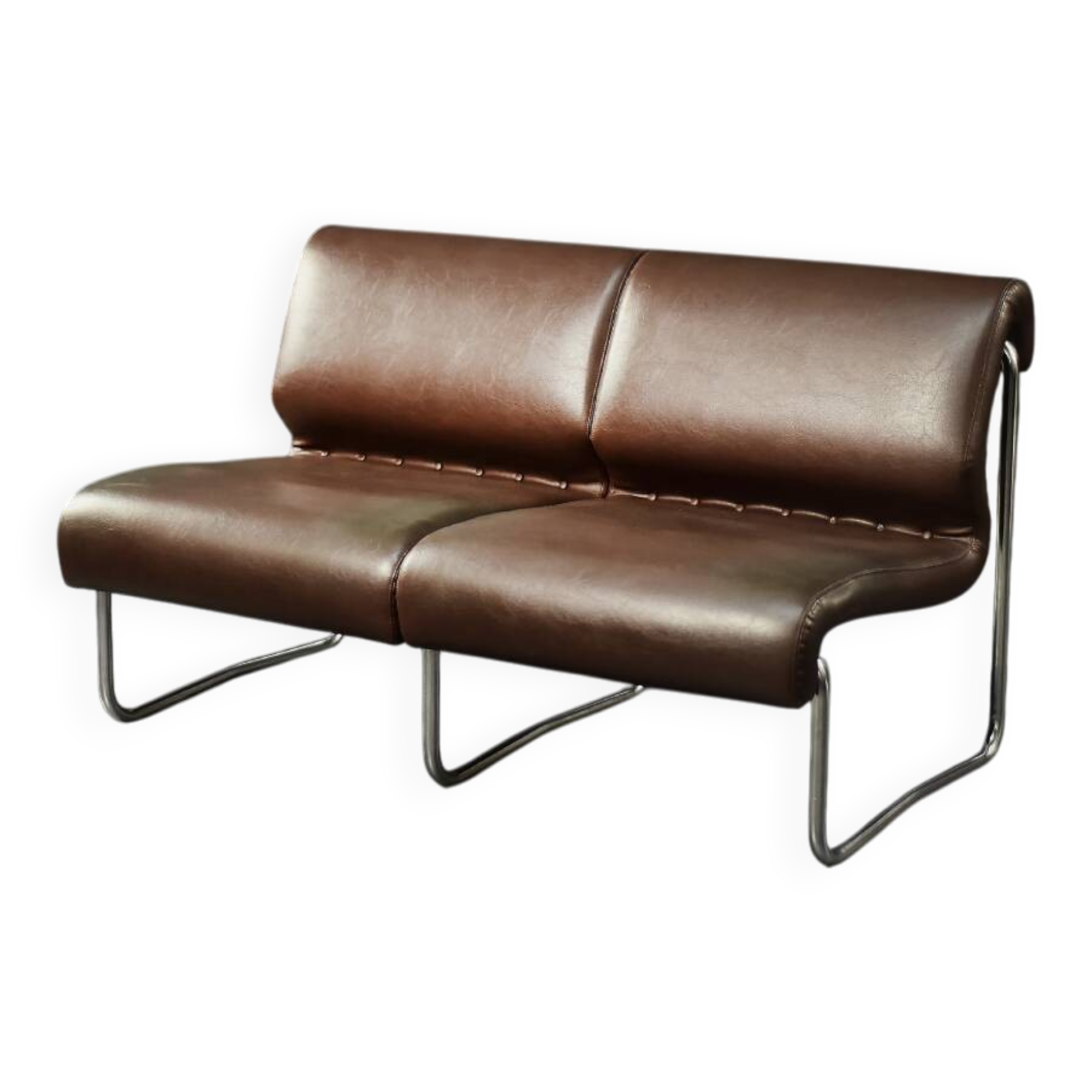 Two-seater canapé in steel and brown faux leather, Germany 1970.