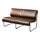 Two-seater canapé in steel and brown faux leather, Germany 1970.