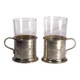 Set of 2 antique metal-rimmed tea glasses with handle, 5x7cm.
