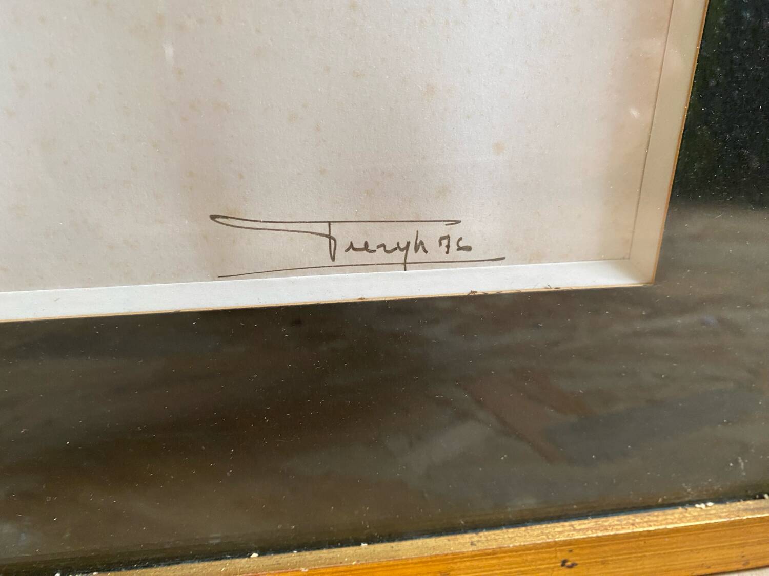 Old ink painting seaside view signed + golden wood frame