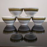 Series of 5 small old earthenware bowls with olive green edging