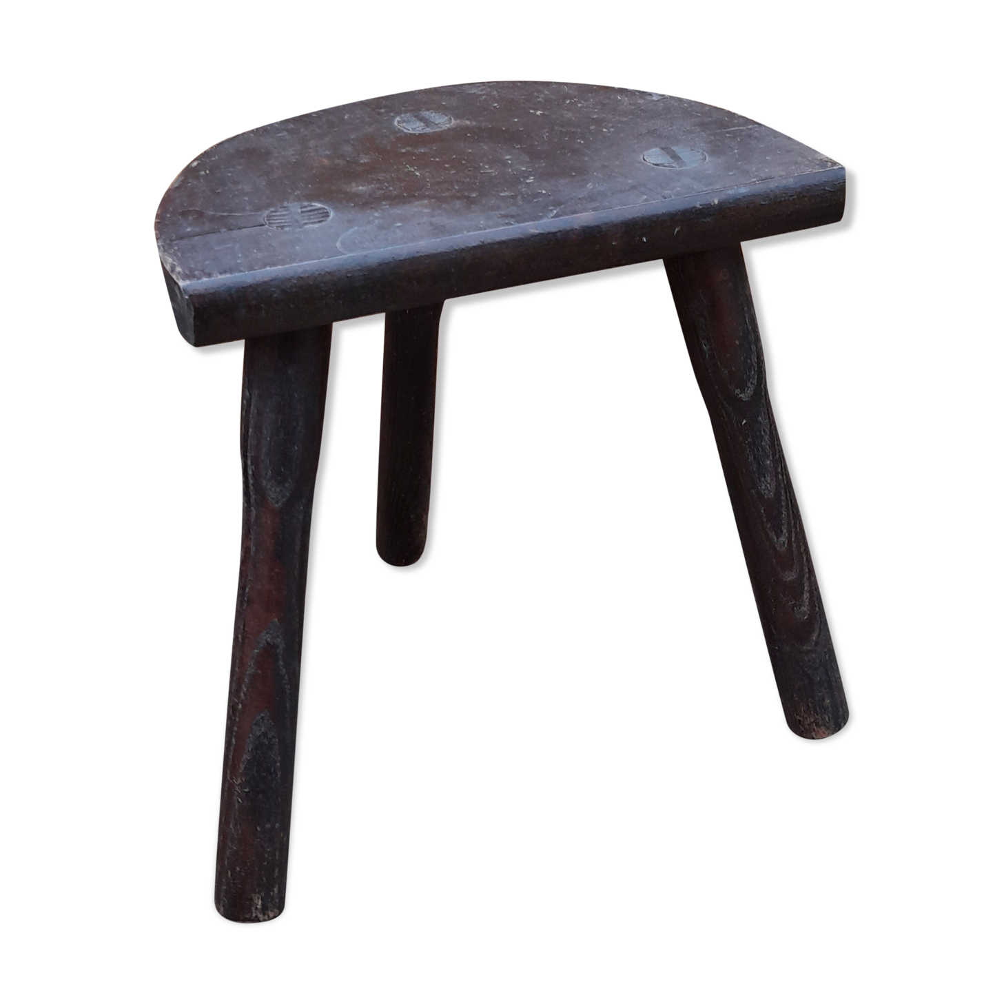 Old farmhouse stool in solid wood, brutalist & authentic, circa 1970's