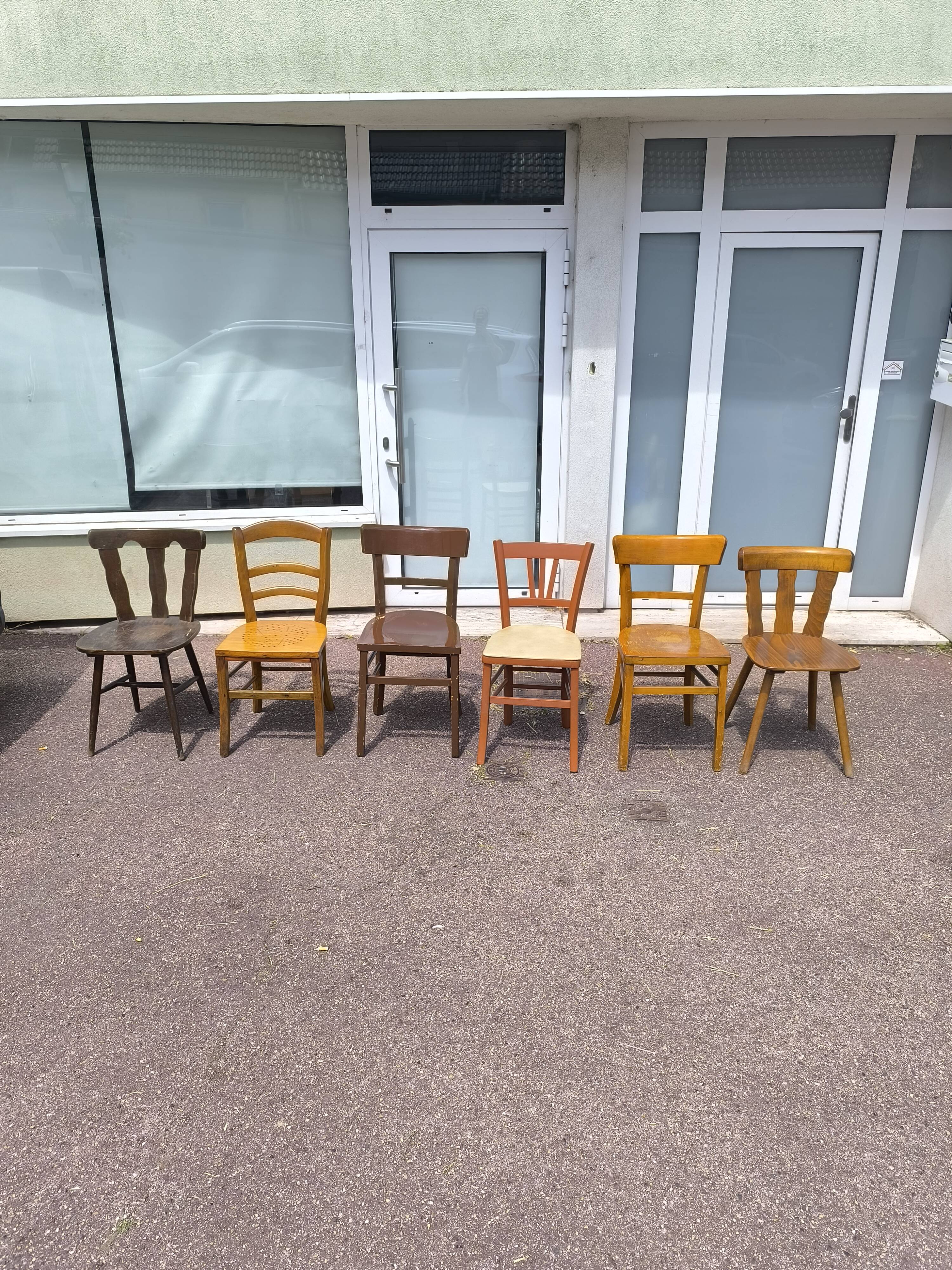 Set of 6 mismatched vintage wooden bistro chairs