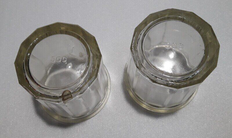 2 antique glass jam jars 500g