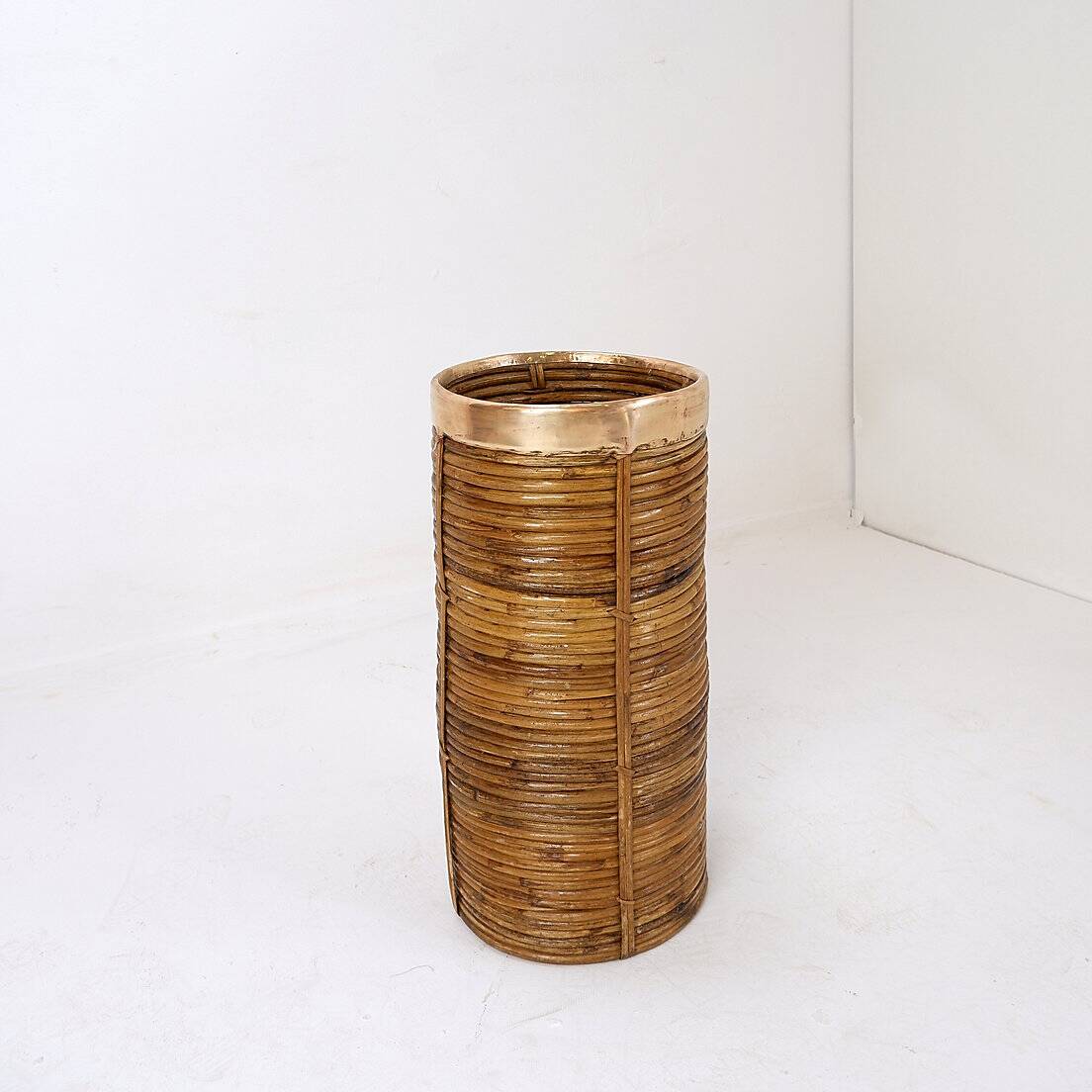 1970's Rattan and Brass Umbrella Stand