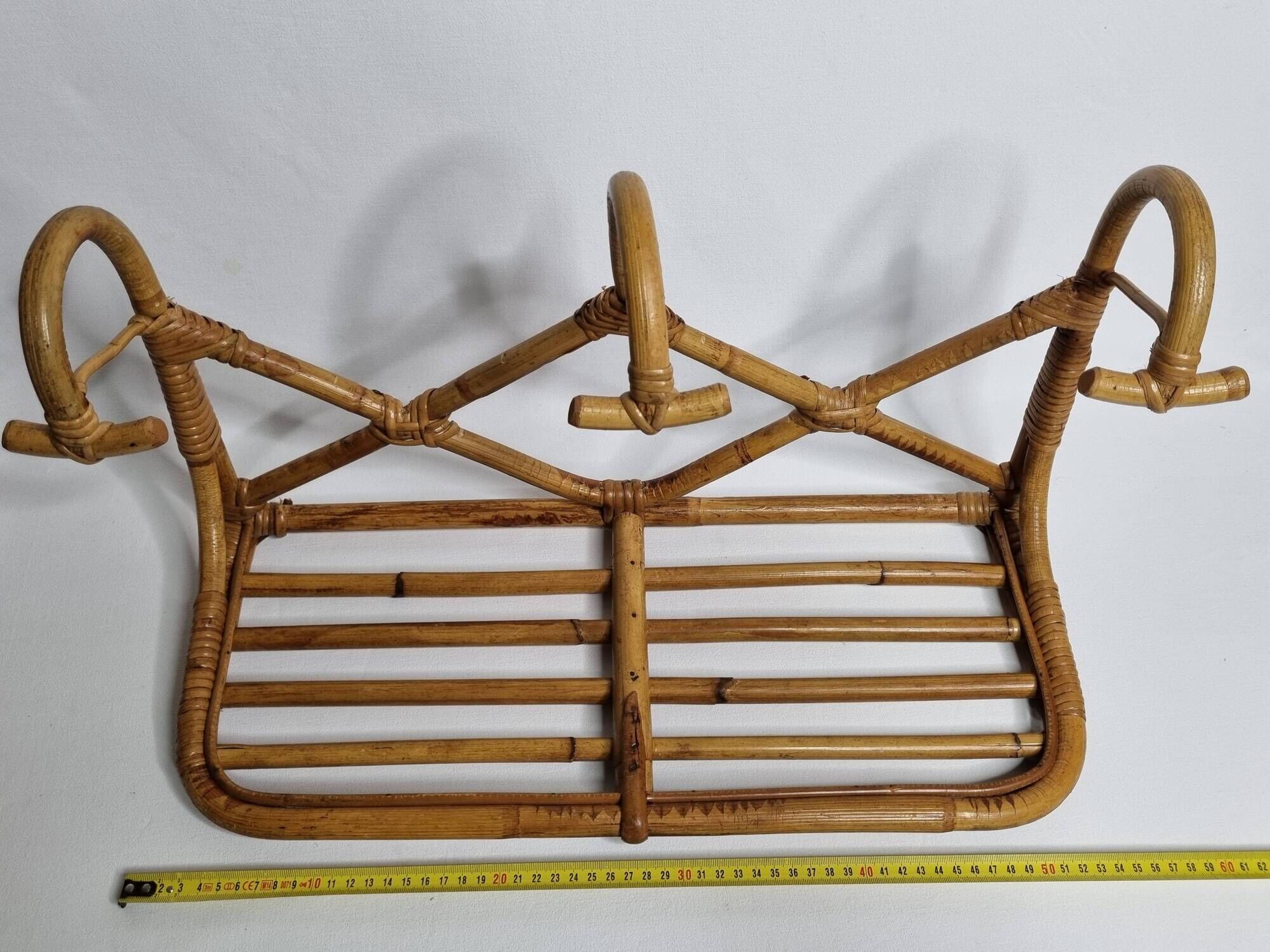 Vintage Rattan Wall Shelf with Hooks – 60s/70s