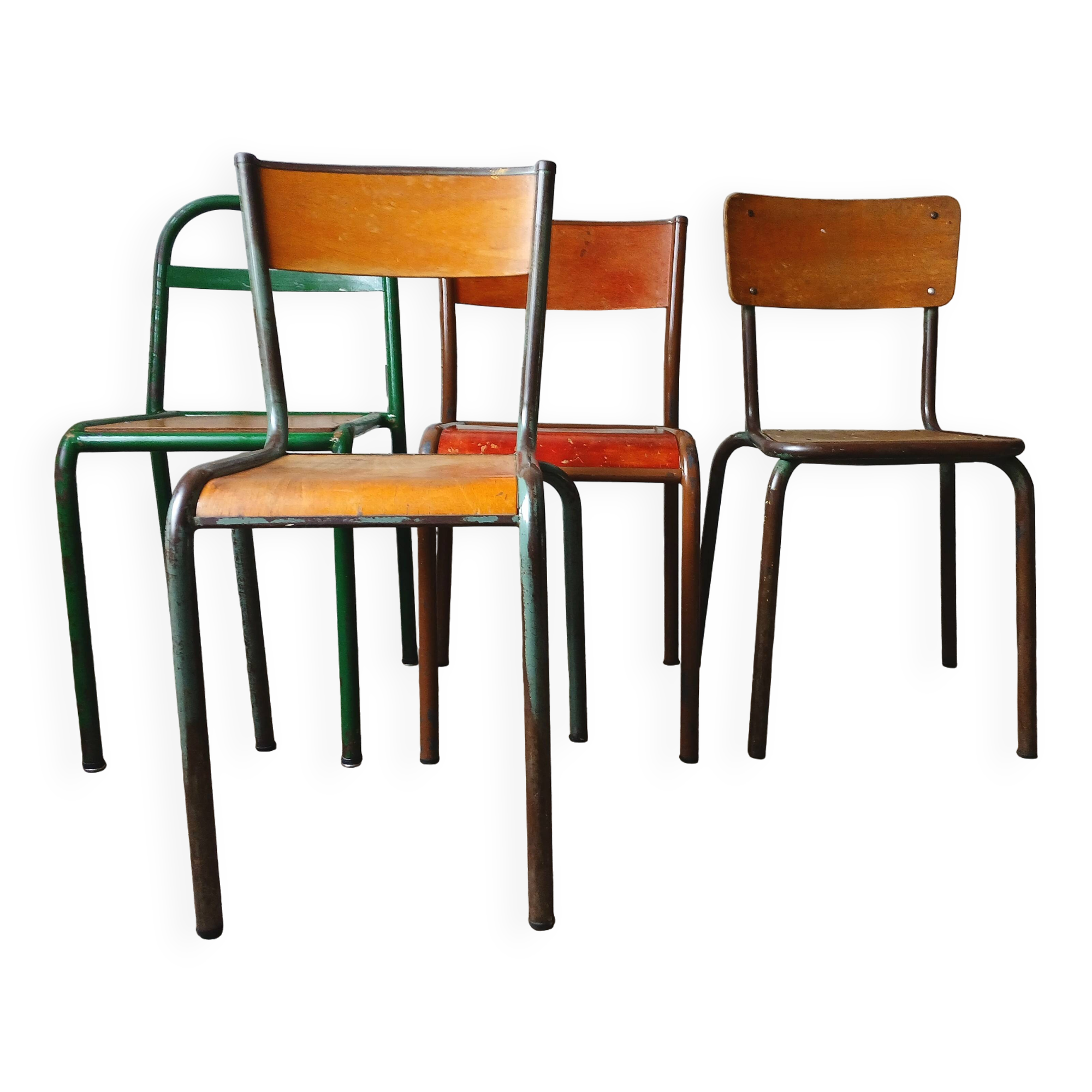 4 mismatched metal & wood chairs