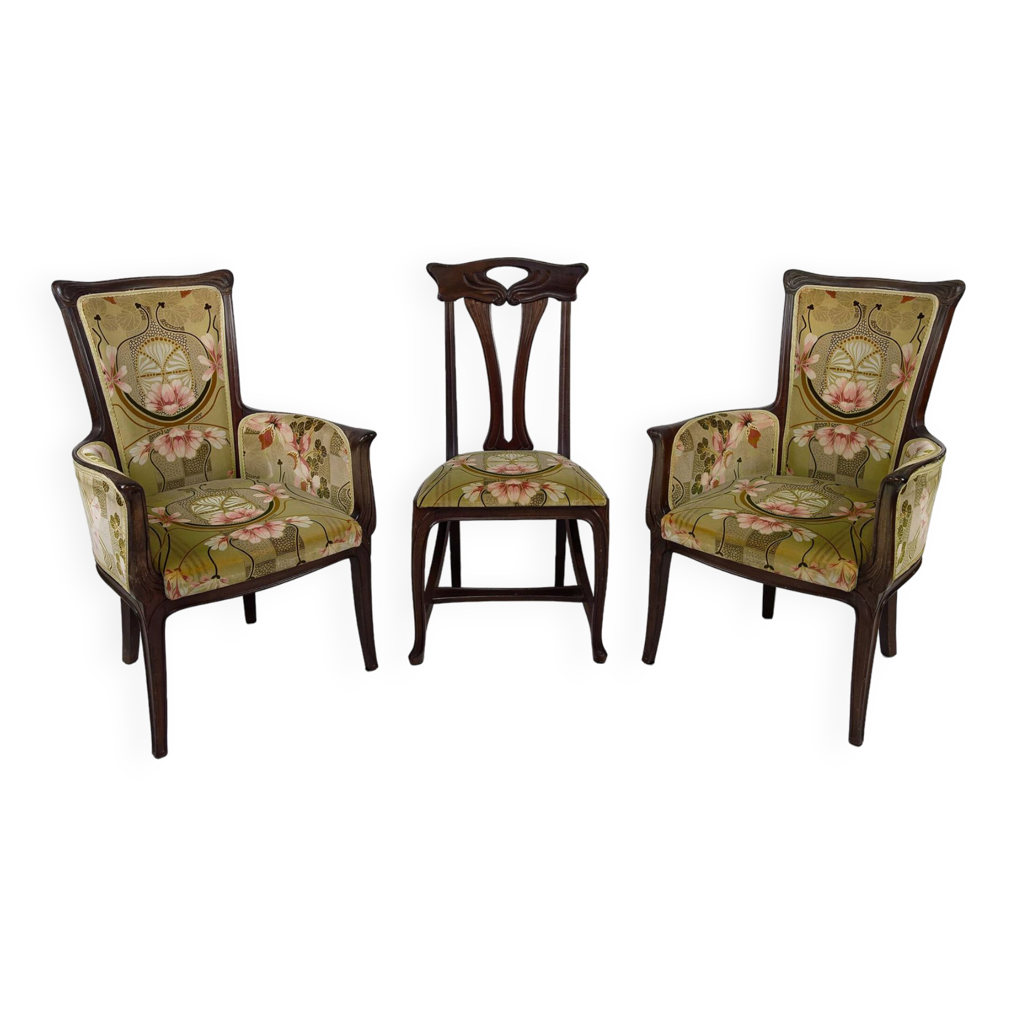 Art Nouveau living room 3 elements, 2 armchairs and 1 chair, France, Circa 1900