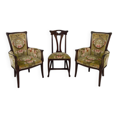 Salon Art Nouveau 3 éléments, 2 bergères et 1 chaise, France, Circa 1900