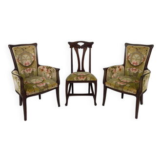 Art Nouveau living room 3 elements, 2 armchairs and 1 chair, France, Circa 1900