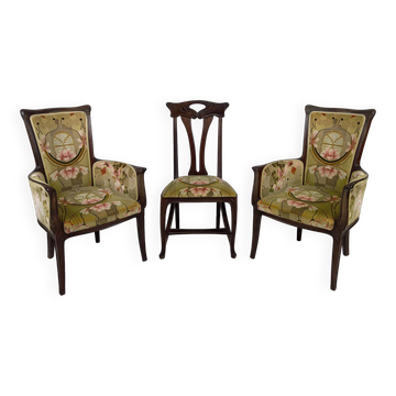 Art Nouveau living room 3 elements, 2 armchairs and 1 chair, France, Circa 1900