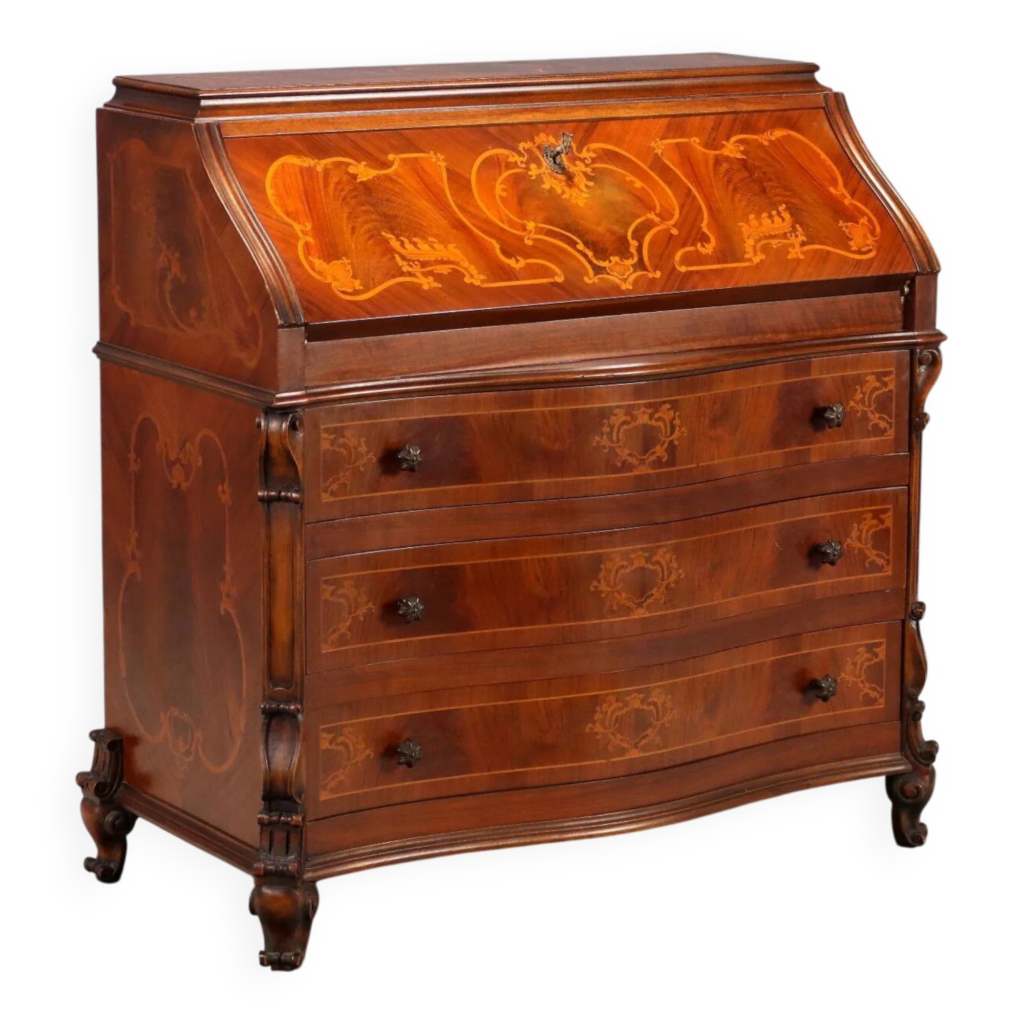 Antique drop-leaf table in walnut with maple inlays, Italy, 20th century.