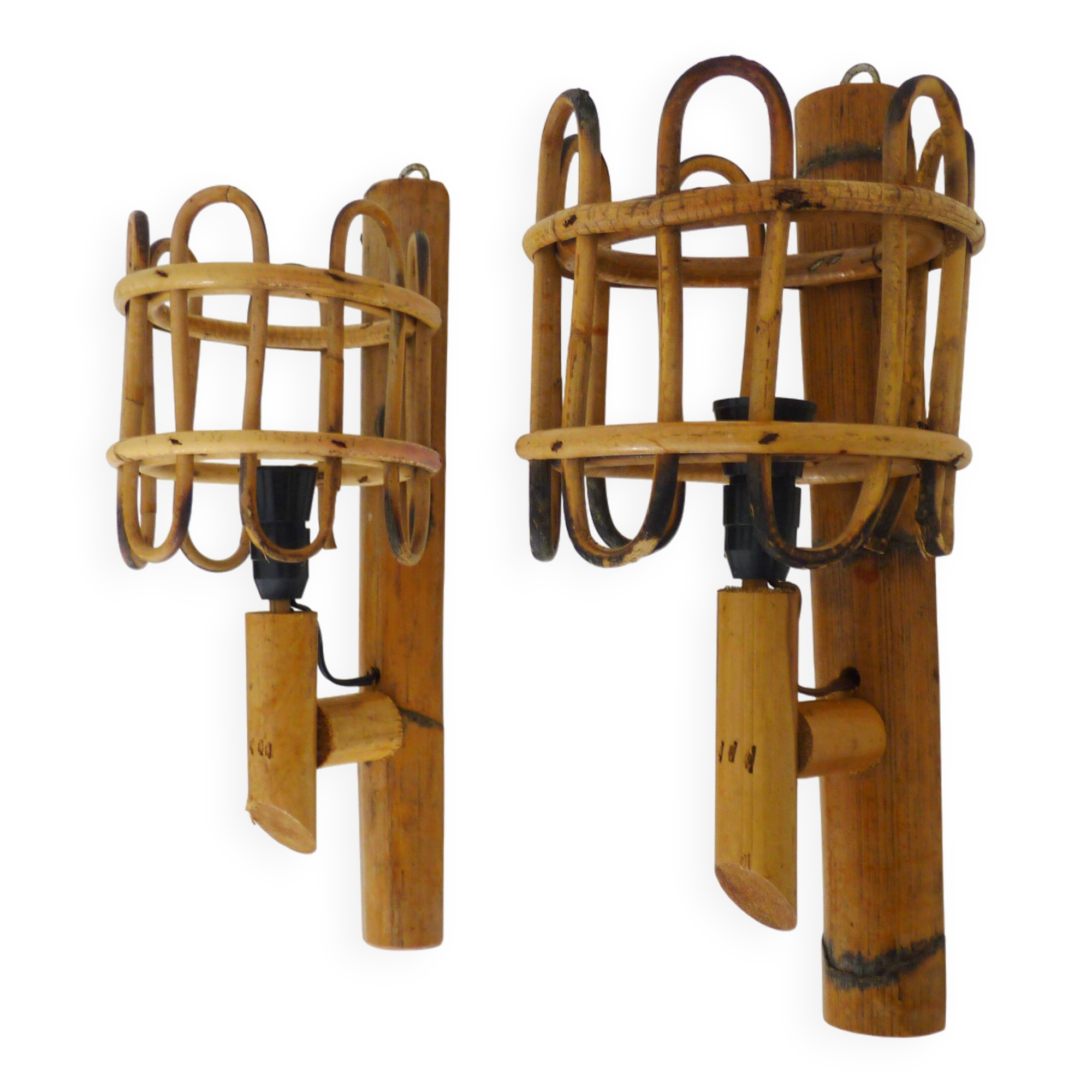 Pair of bamboo rattan lantern wall lights. 50s 60s