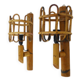 Pair of bamboo rattan lantern wall lights. 50s 60s