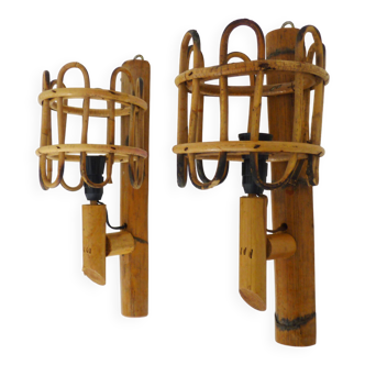 Pair of bamboo rattan lantern wall lights. 50s 60s