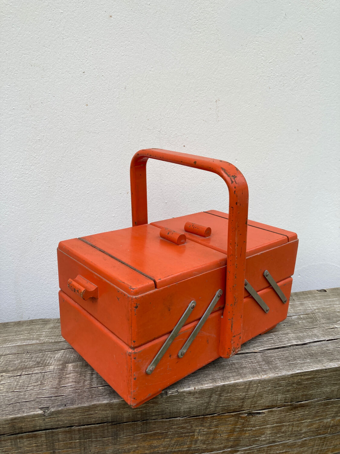 Orange wooden sewing box 1960 1970