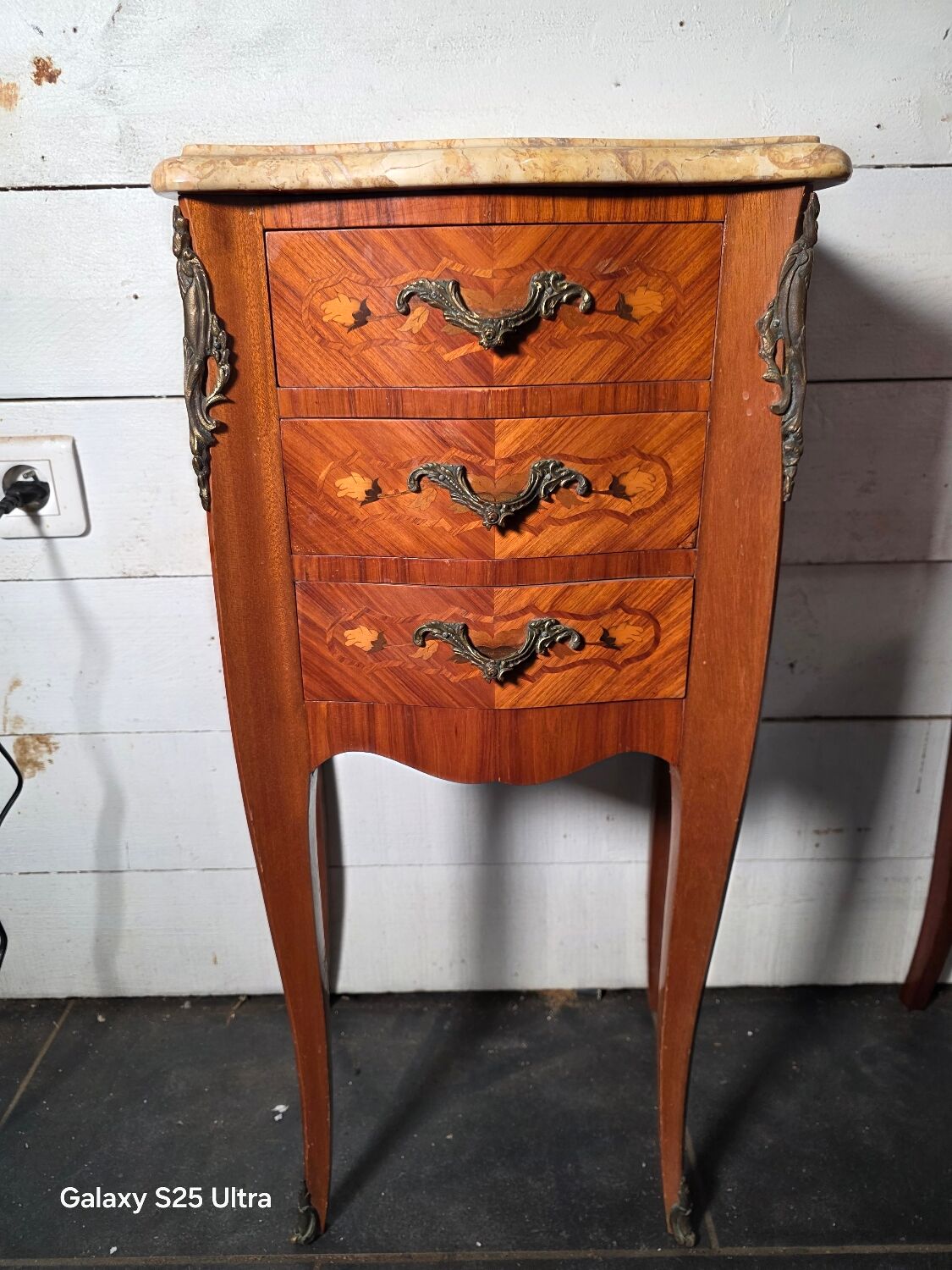 Louis XV style curved bedside table in marquetry