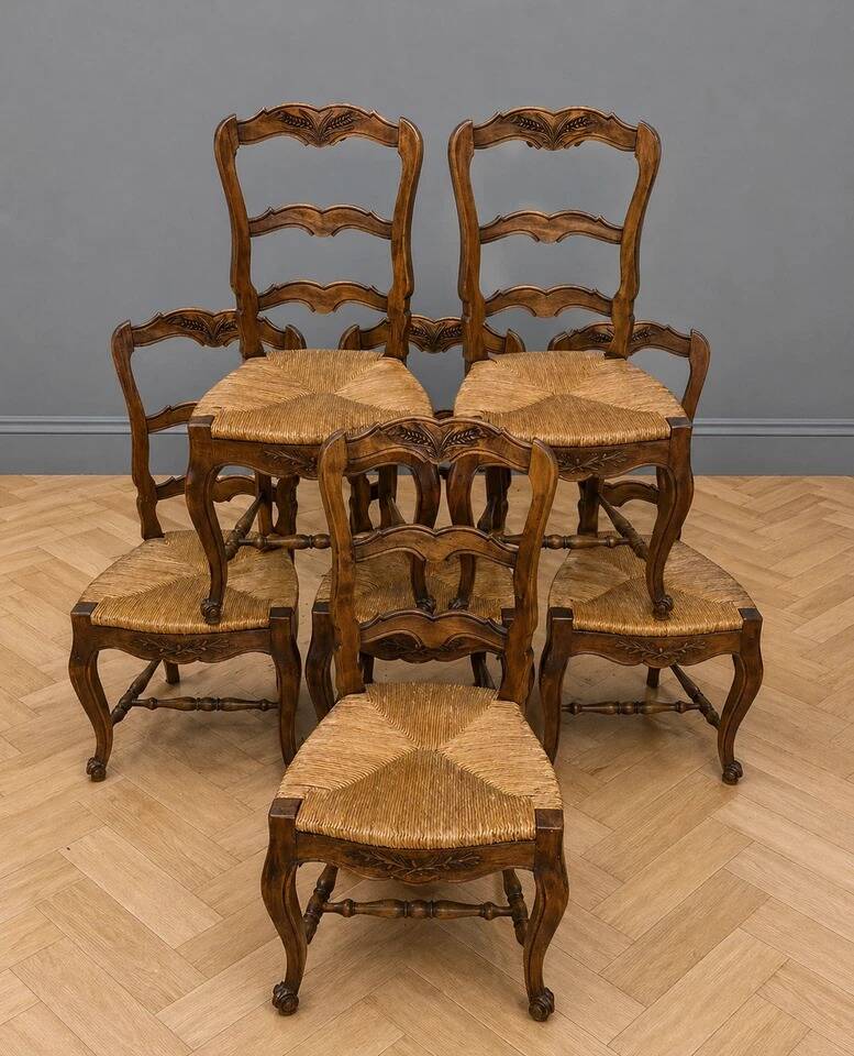 Suite de six chaises provençales en noyer, datant du début du XXe siècle