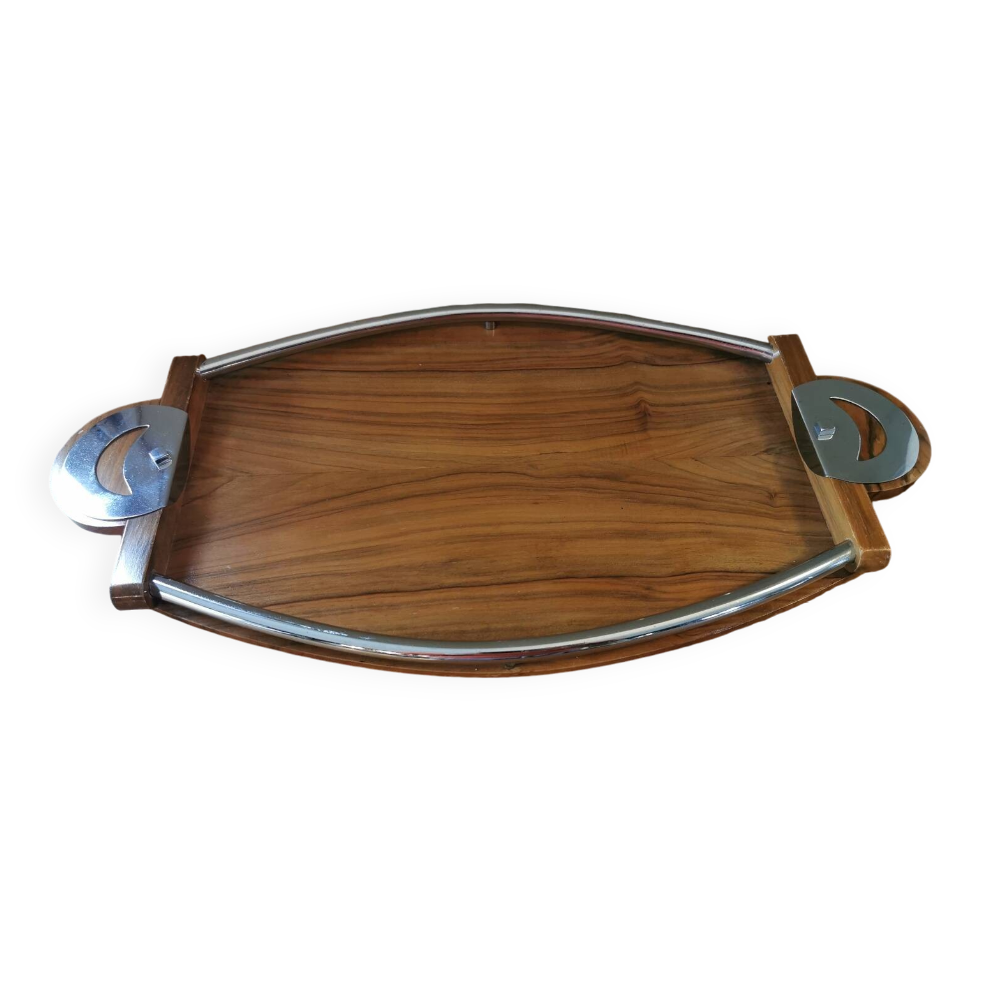 Large Art Deco tray in wood and chrome-plated metal