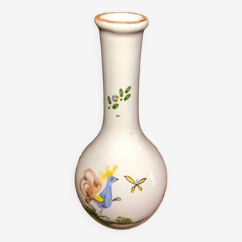 Ancien Vase Soliflore MOUSTIERS Céramique Blanche Décor Peint Vintage #A484
