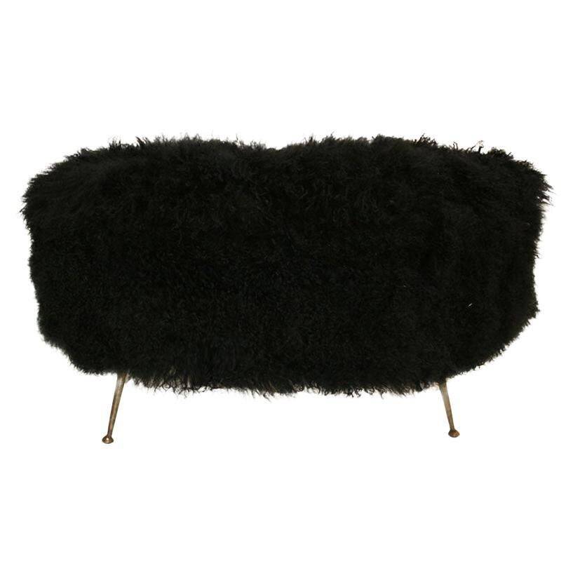 Mid-Century Modern Black Mongolian Goat and Bronze Italian Stool, 1950s