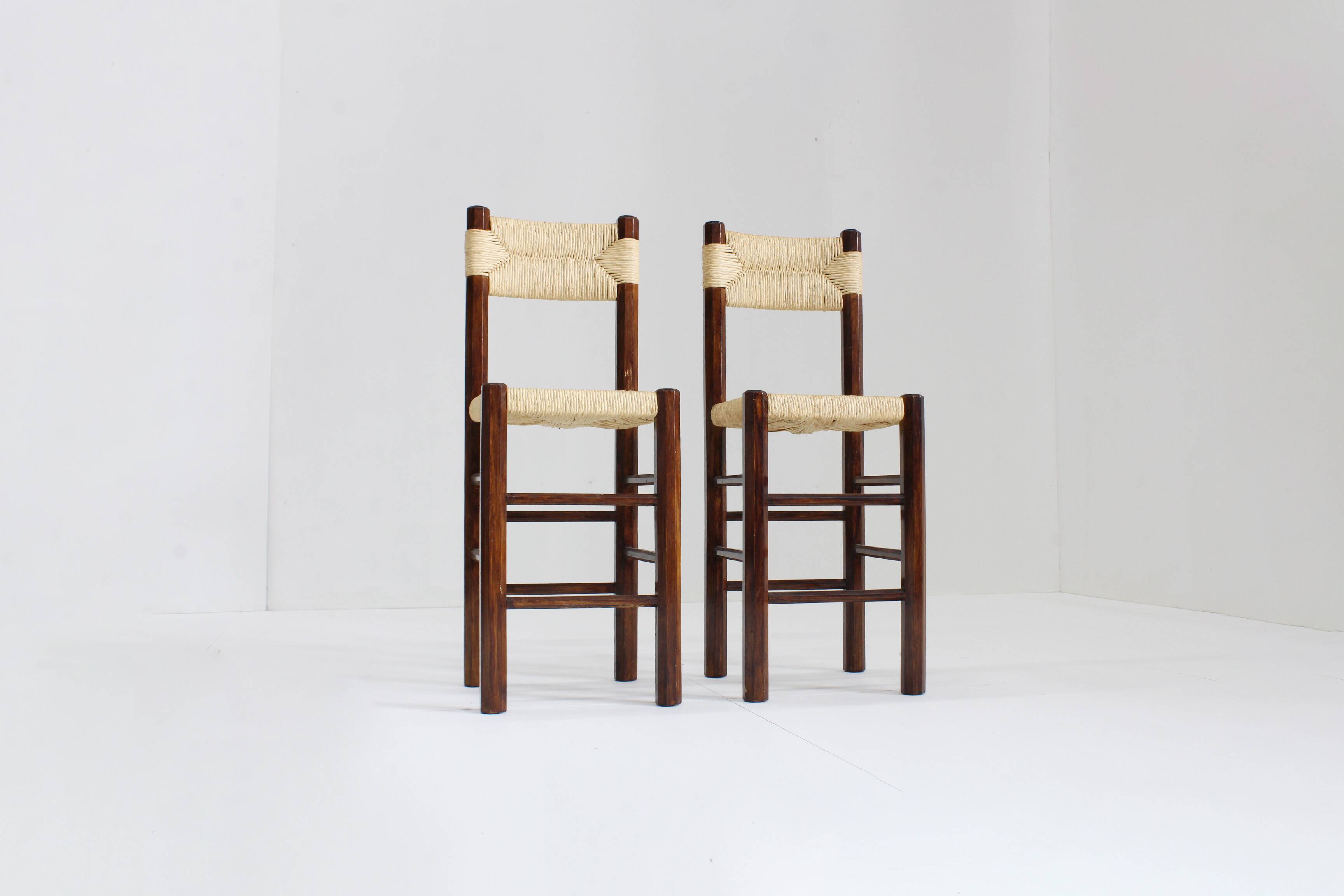 Vintage woven rush and wood bar stools , set of 2