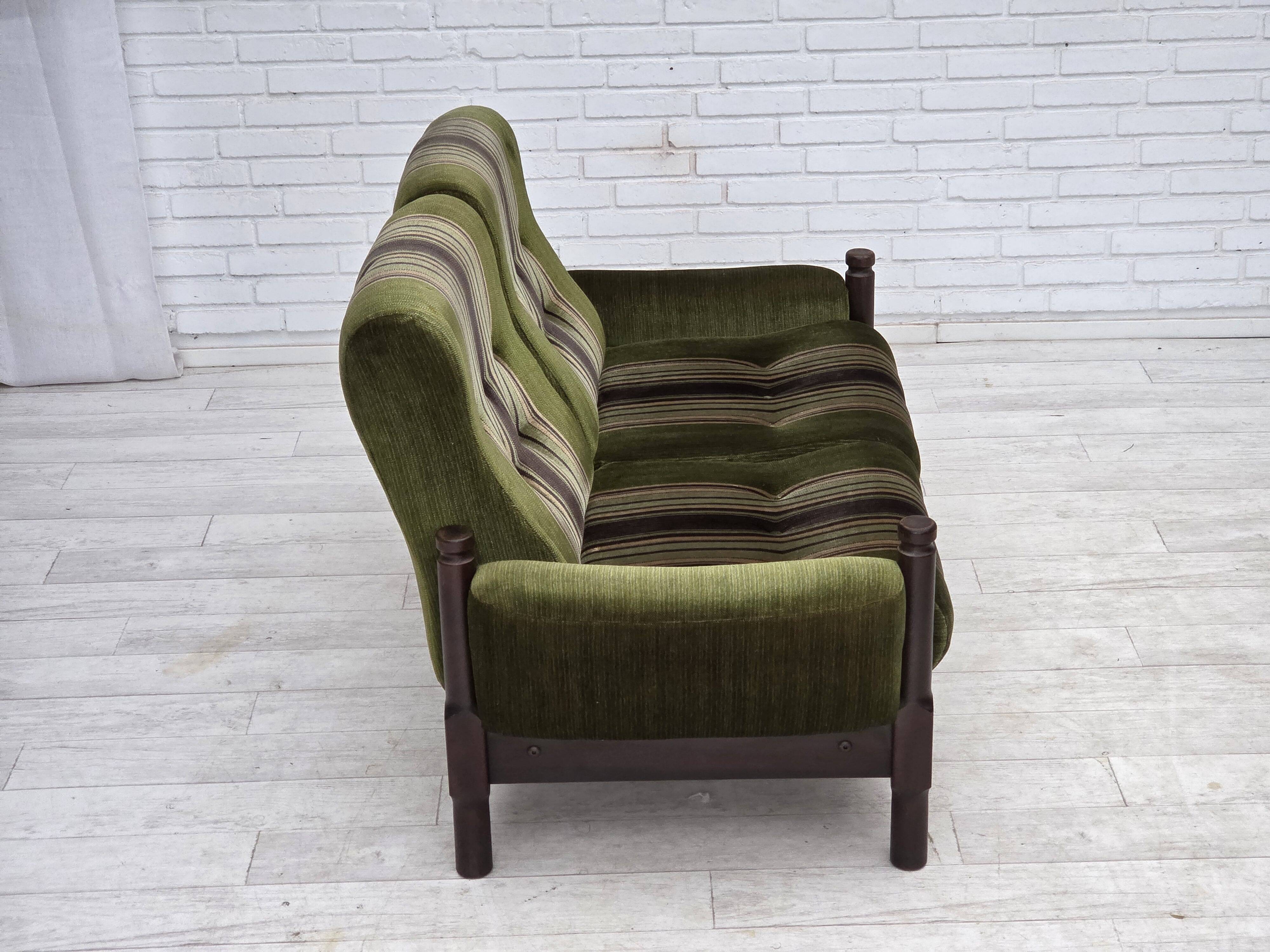 1970s, Scandinavian 2-seater sofa, green furniture velour, beech wood.