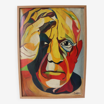 Mid 20th Century Cubist Style Portrait of Pablo Picasso Oil Painting, Framed