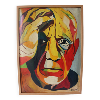 Mid 20th Century Cubist Style Portrait of Pablo Picasso Oil Painting, Framed