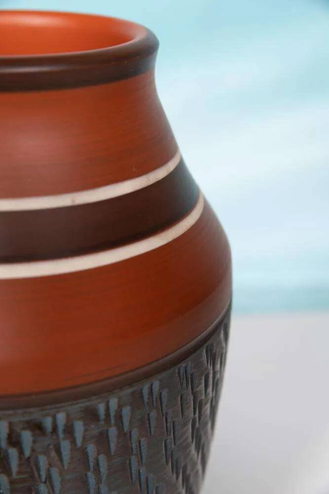 Vintage handmade ceramic vase, terracotta and oil.