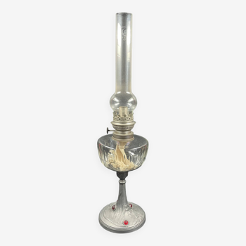 Lampe à pétrole ancienne Cristal taillé et Pied régule patiné Art Nouveau 57 cm