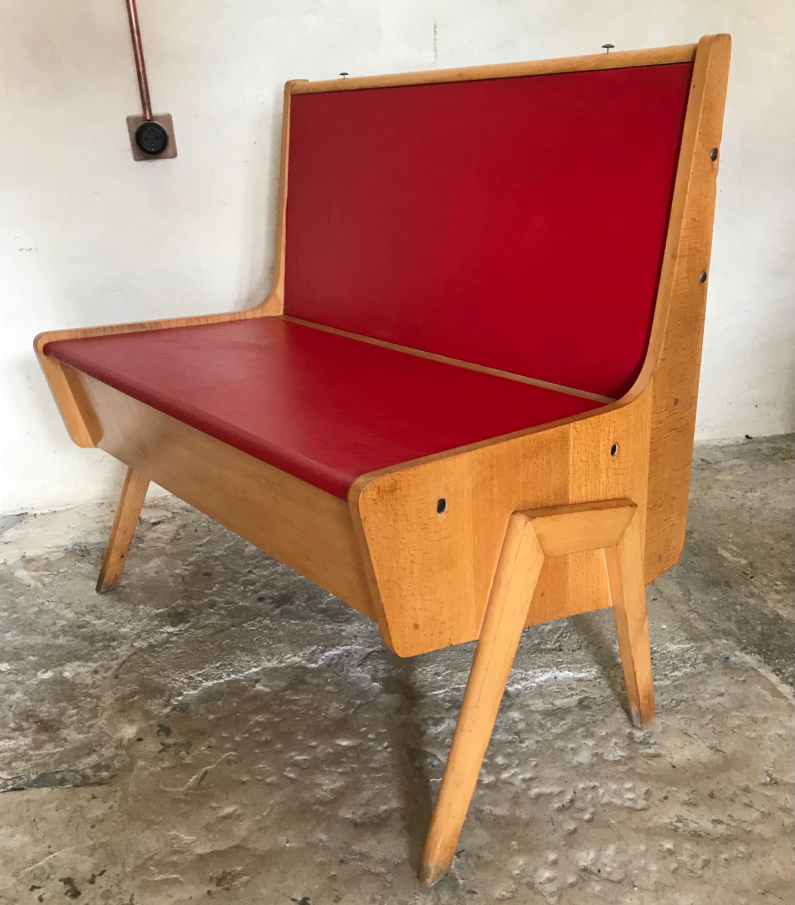 Bench bench-chest vintage 1960-1980's in blond beech and red skaï