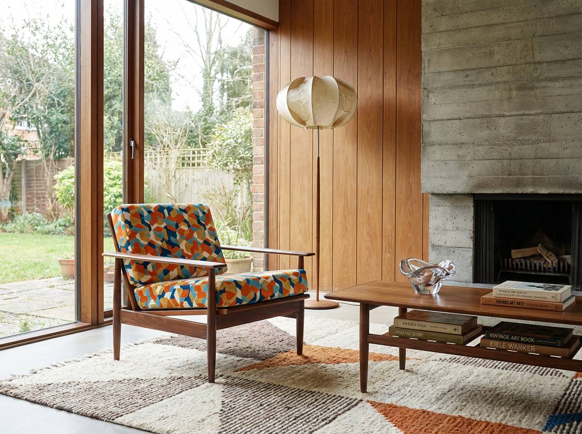 Scandinavian armchair with geometric fabric