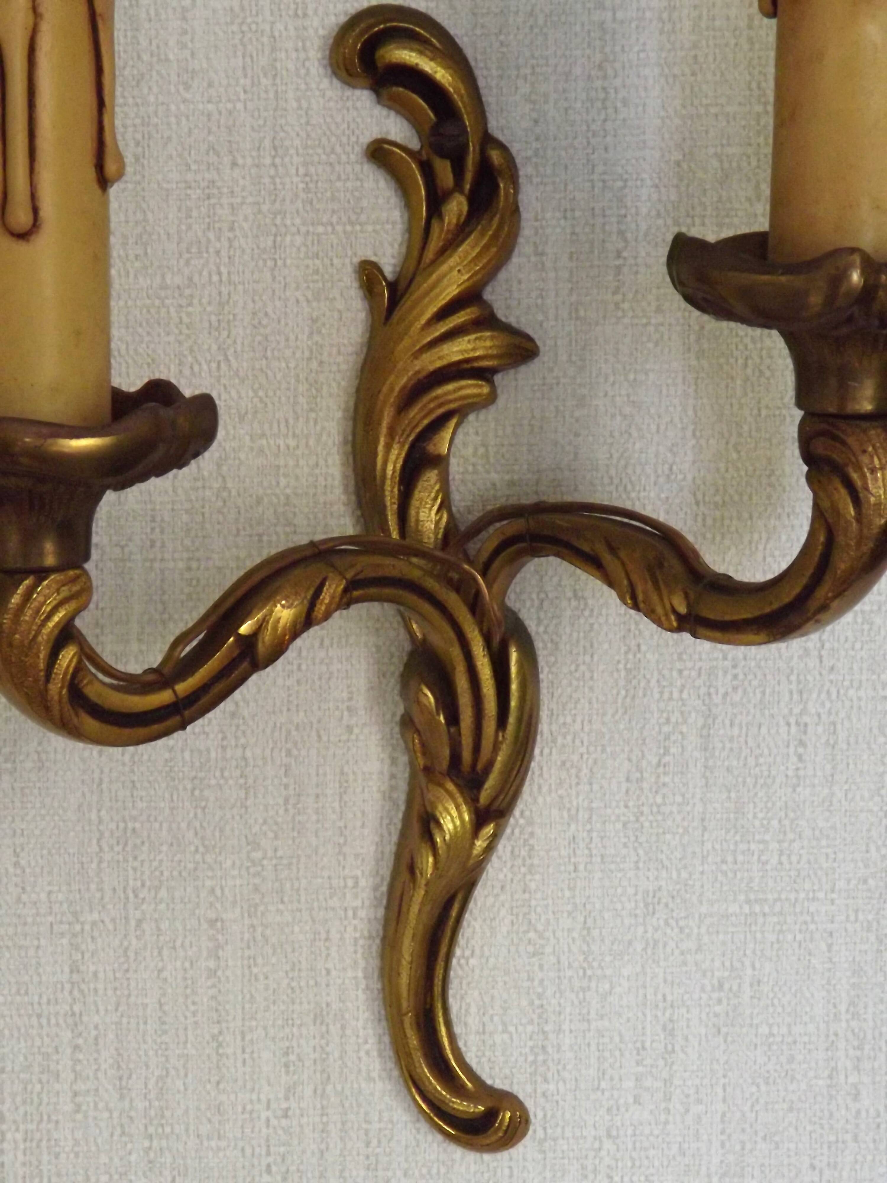 Vintage French Bronze Double Wall Sconces with Acanthus Leaf Detail 5706