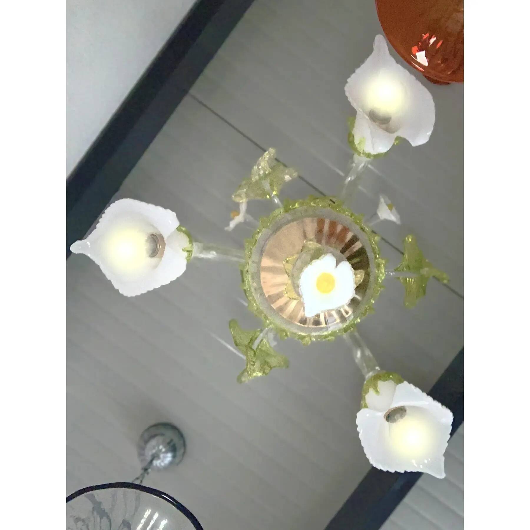 Floral and Green Leaf Milky “Calle” Glass Chandelier