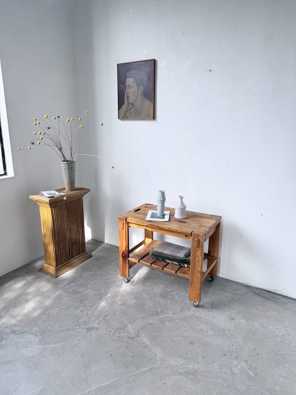 1980 pine wheeled console table