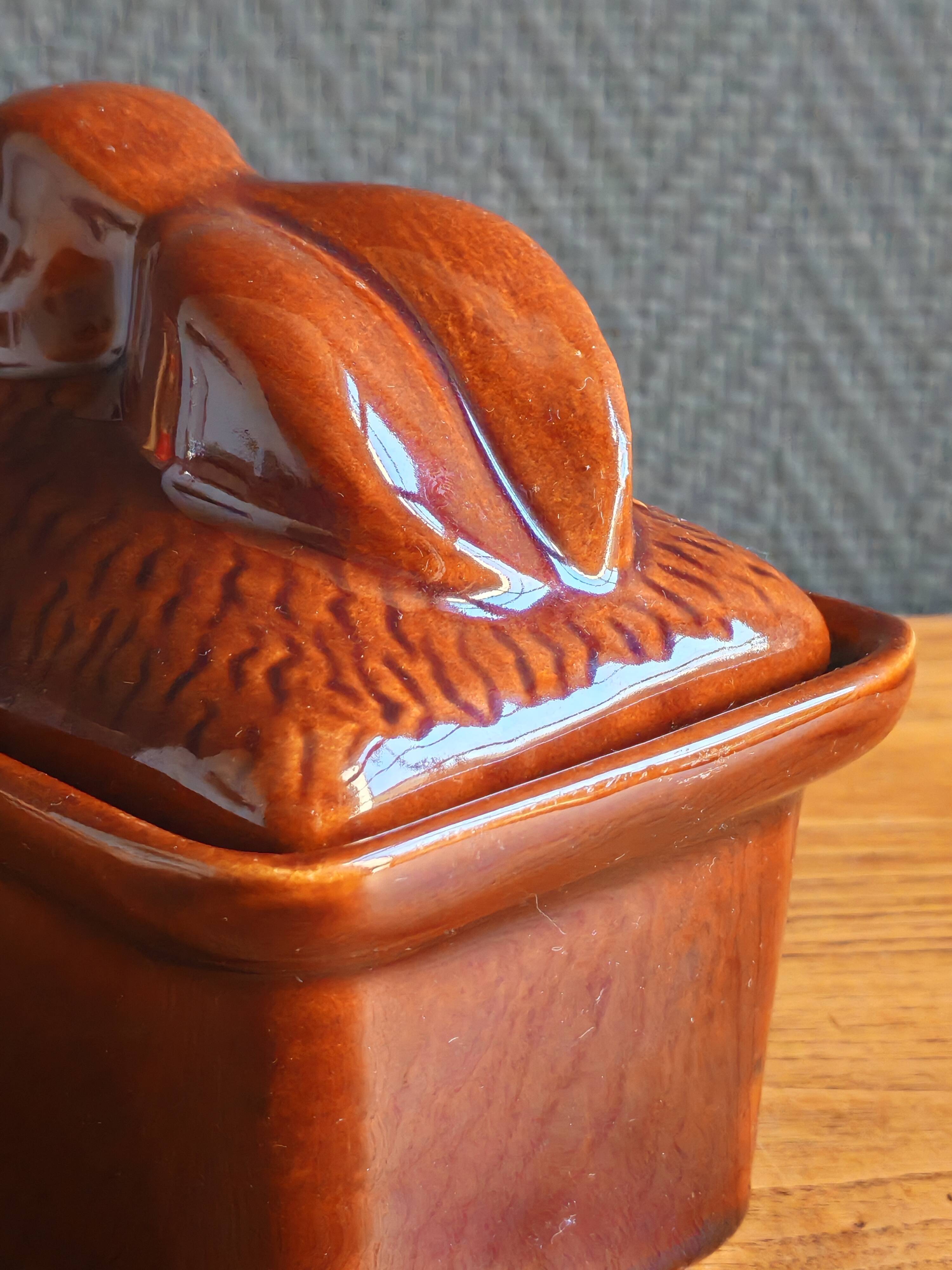 Vintage Rabbit Terrine in Glazed Ceramic - Brown Barbotine