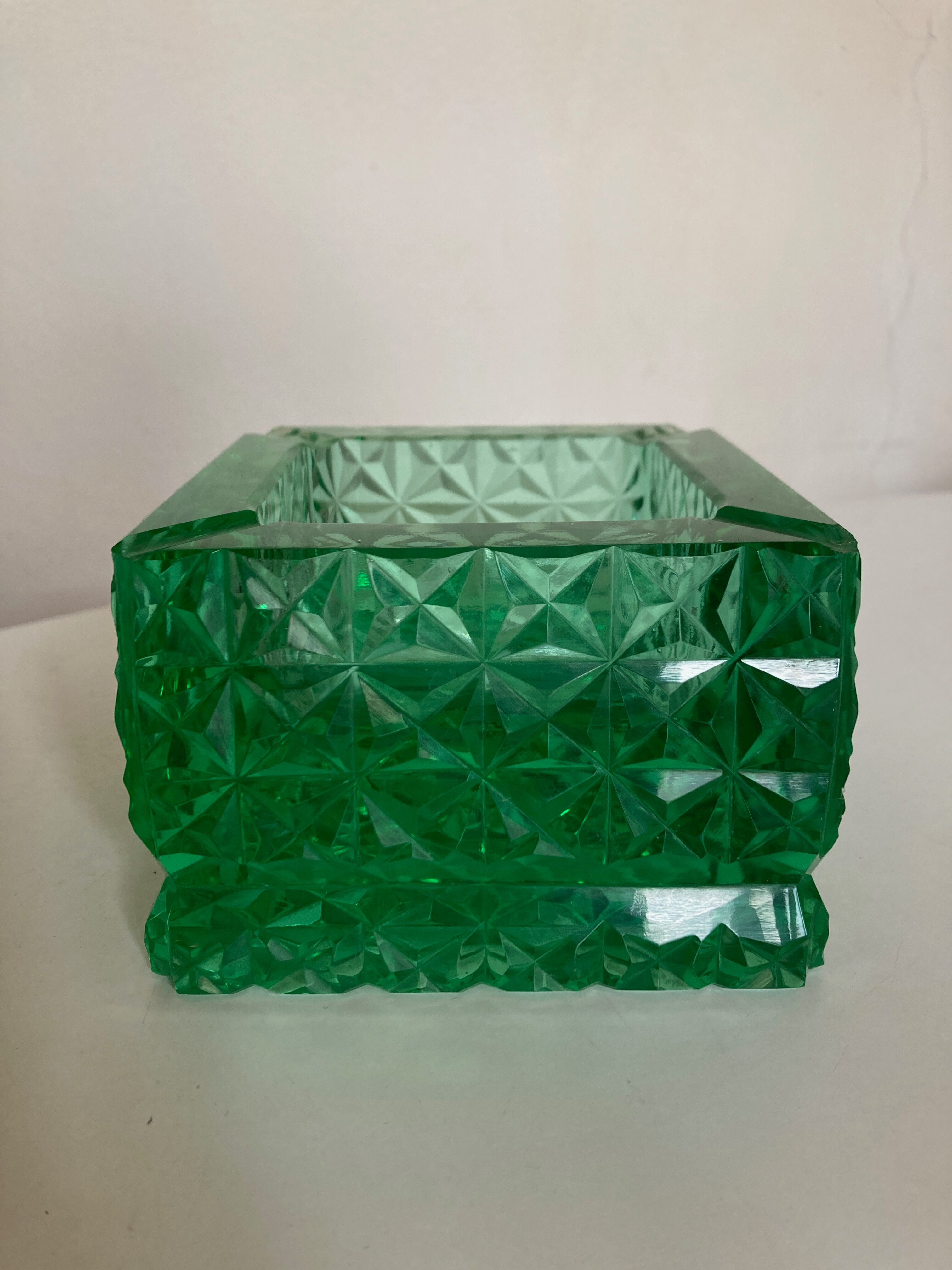 Green diamond cut glass ashtray 1980