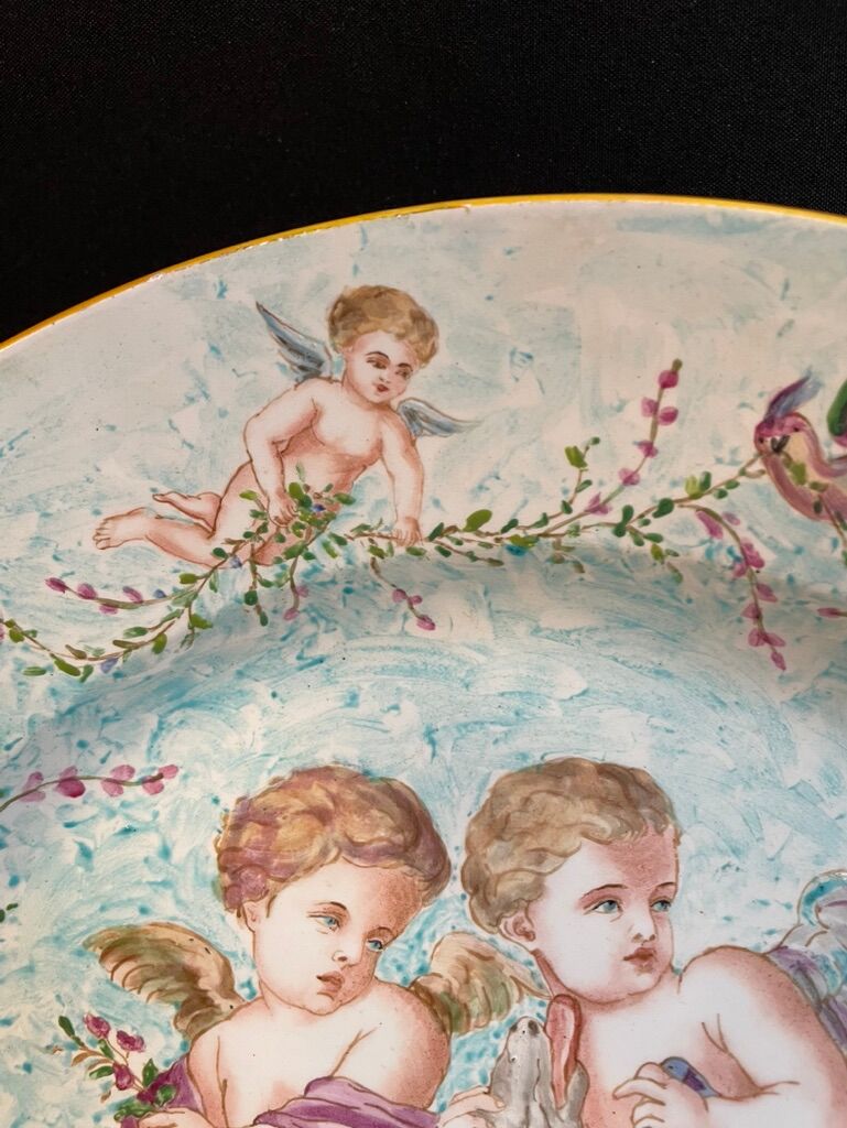 Round earthenware dish - hand decoration signed and marked
