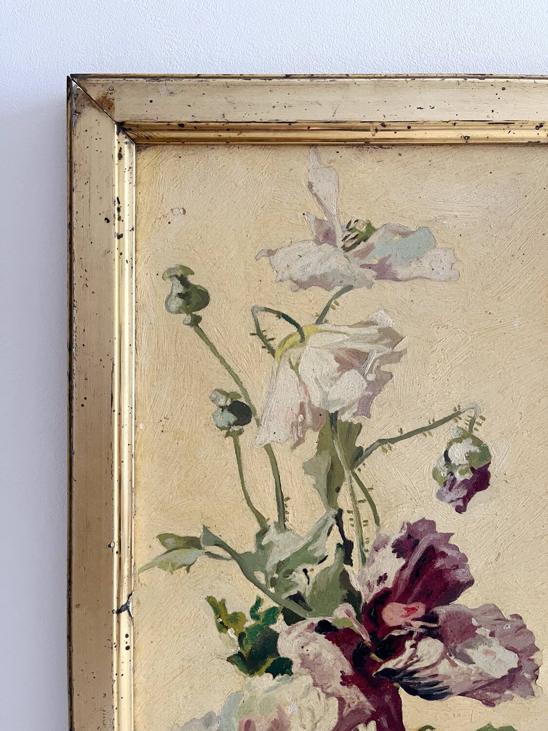 Peinture ancienne huile sur carton verticale fleurs pavots