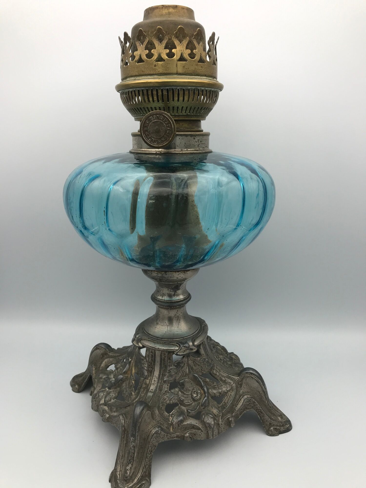 Regulated kerosene lamp foot baroque style blue glass bowl